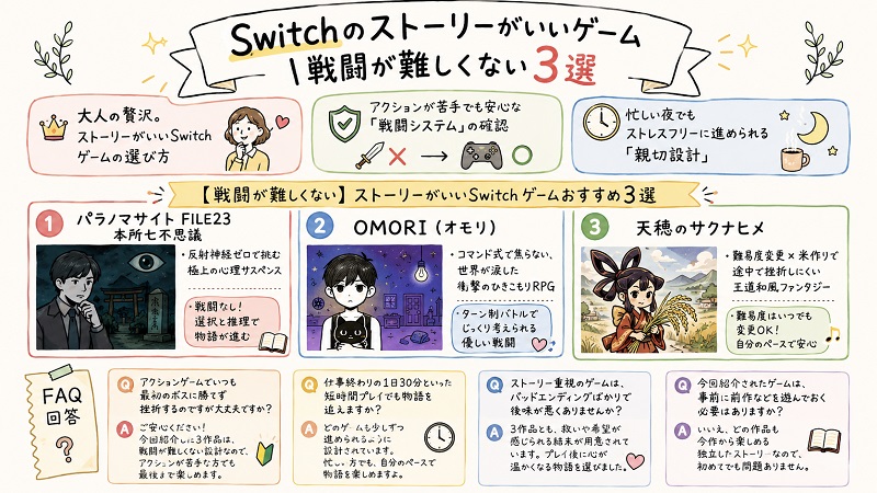 戦闘が難しくないストーリー重視のSwitchゲーム3選を紹介する図解。パラノマサイト、OMORI、天穂のサクナヒメを掲載。