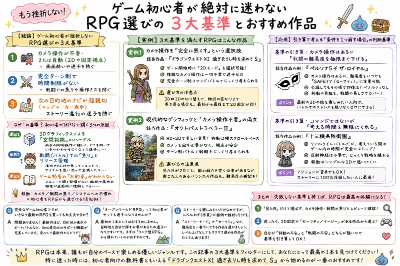 ゲーム初心者がRPG選びで絶対に迷わないための3大基準を作品例ありで紹介している記事のグラレコ画像