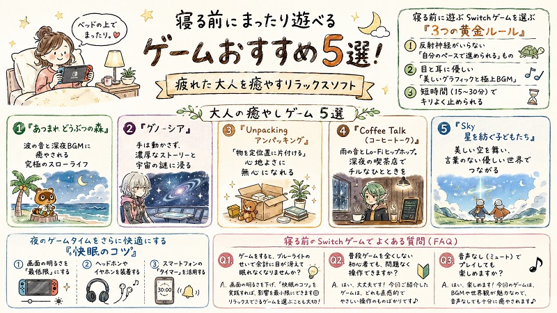 寝る前にまったり遊べるSwitchゲームおすすめ5選を紹介するグラレコ風インフォグラフィック。『あつまれ どうぶつの森』『グノーシア』『Unpacking』『Coffee Talk』『Sky 星を紡ぐ子どもたち』の特徴と、快眠のコツ、初心者向けFAQを掲載。
