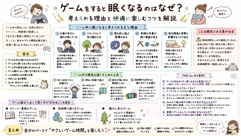 ゲームをすると眠くなる理由についての解説のグラレコ画像